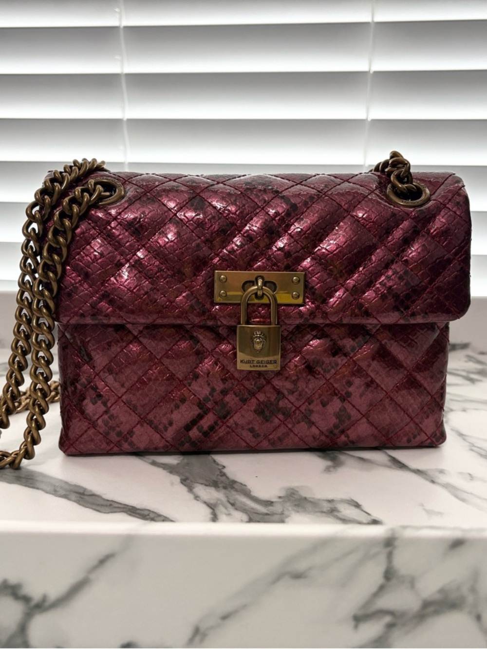 Kurt Geiger Mini BrixtonQuilted Metallic Burgundy Chain Shoulder Crossbody Bag